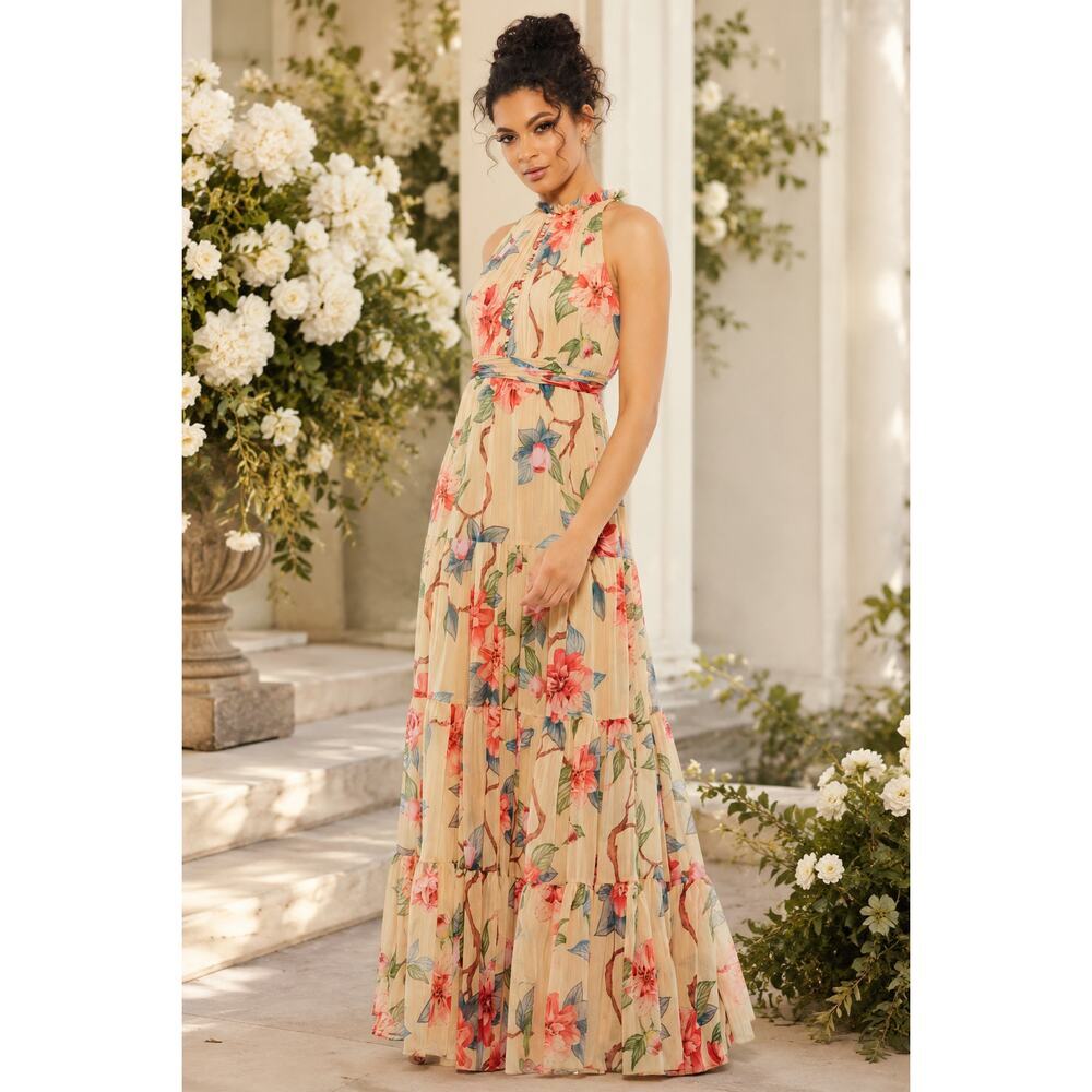 New with Tags Ieena Mac Duggal 70203 Floral High Neck Pleated Maxi Dress Size 2